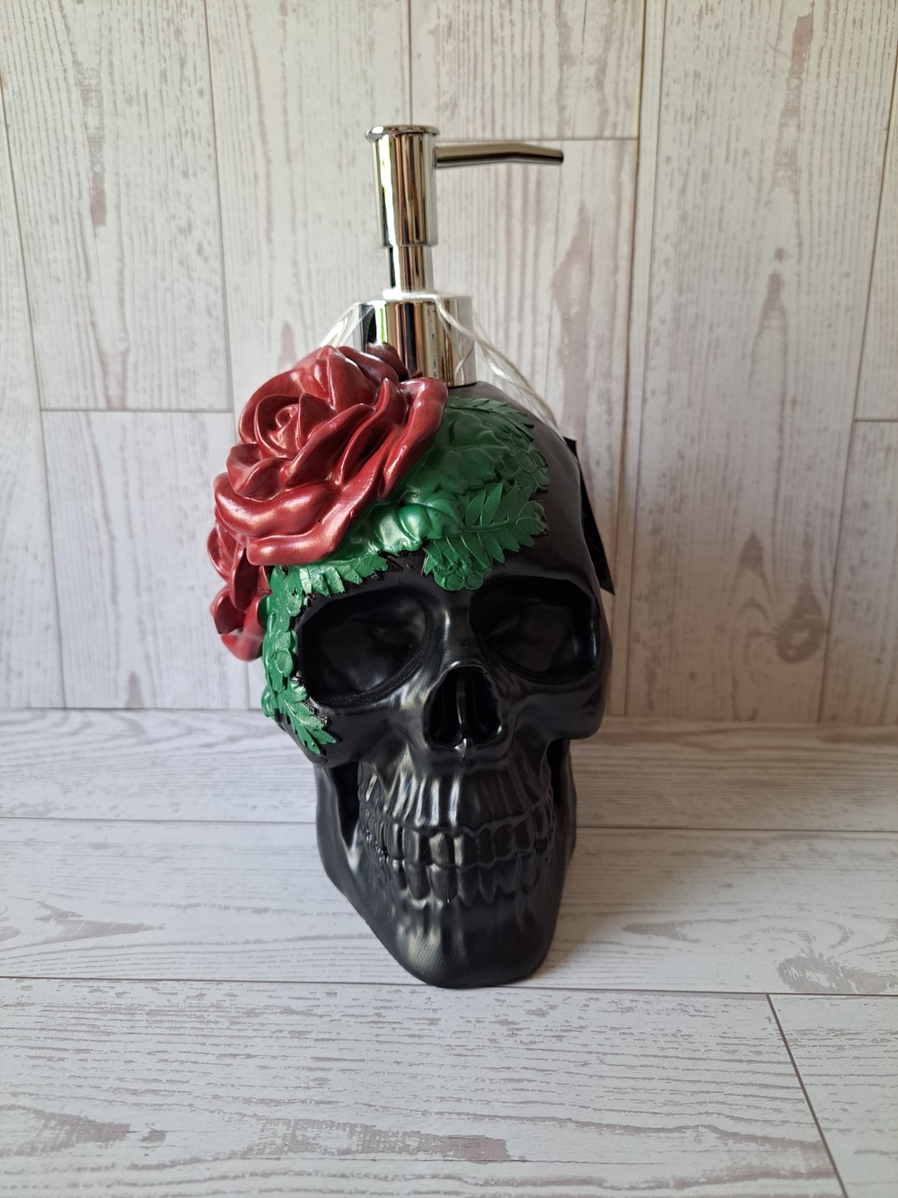 Black Skull Soap Dispenser with Red Rose